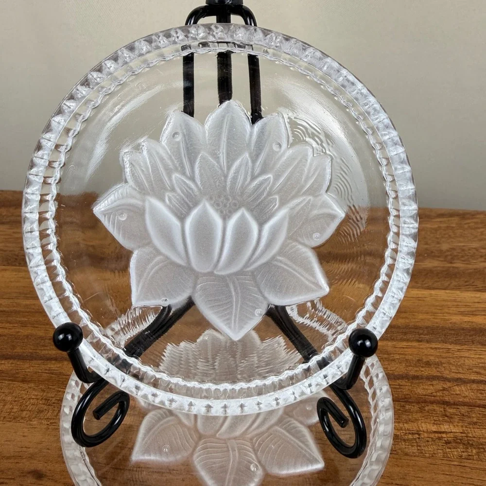 Pair of Vintage Frosted Lotus Flower Clear Glass Coasters West German